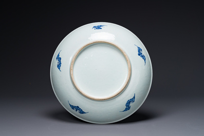 A large Chinese blue and white 'bats and longevity' dish, 19th C.