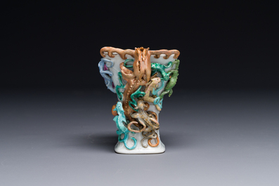 A Chinese archaistic famille rose cup in shape of a 'zun' with nine applied dragons, Qianlong/Jiaqing