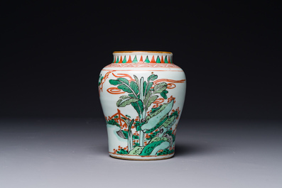 A small Chinese wucai jar with figures in a landscape, Transitional period