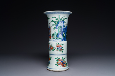 A Chinese wucai 'gu' vase with figurative design, Transitional period