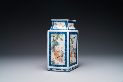 A rare Chinese Canton famille rose lozenge-shaped 'fisherman, woodcutter, farmer and scholar 漁樵耕讀圖' vase, Qianlong
