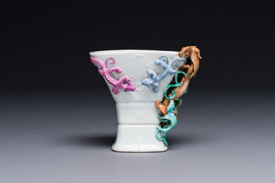 A Chinese archaistic famille rose cup in shape of a 'zun' with nine applied dragons, Qianlong/Jiaqing