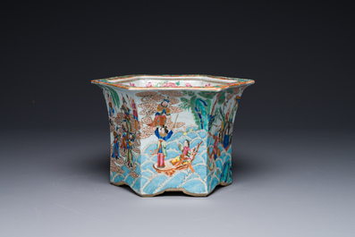 A very fine hexagonal Chinese Canton famille rose jardiniere, 19th C.