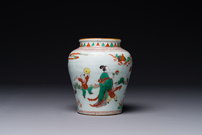 A small Chinese wucai jar with figures in a landscape, Transitional period