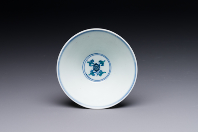 A Chinese doucai conical 'phoenixes' bowl, Chenghua mark, Kangxi/Yongzheng