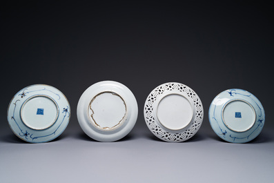 A pair of Chinese blue and white Canton-decorated plates, a famille rose 'playing boys' plate and a reticulated plate, 19th C.