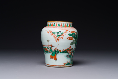 A small Chinese wucai jar with figures in a landscape, Transitional period