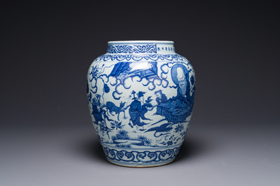 A Chinese blue and white 'Ba Xian Zhu Shou 八仙祝壽' jar, Wanli mark and possibly of the period