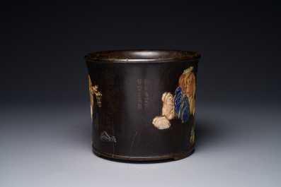 A large Chinese precious-stone-embellished zitan wood brush pot, 17/18th C.