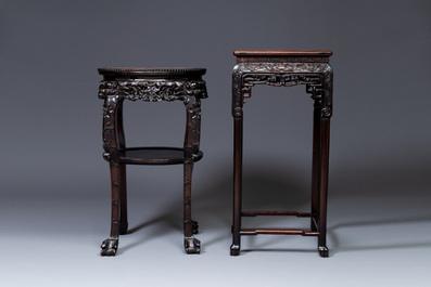 Two Chinese carved wooden stands with marble tops, 19th C.