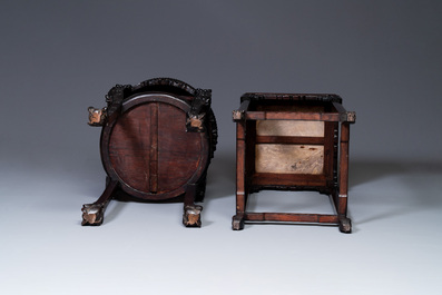 Two Chinese carved wooden stands with marble tops, 19th C.