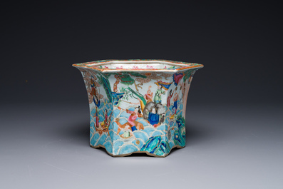 A very fine hexagonal Chinese Canton famille rose jardiniere, 19th C.