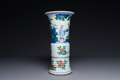 A Chinese wucai 'gu' vase with figurative design, Transitional period