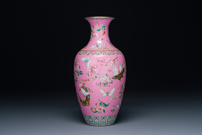 A Chinese pink-sgraffito-ground famille rose 'butterfly' vase, Qianlong mark and possibly of the period