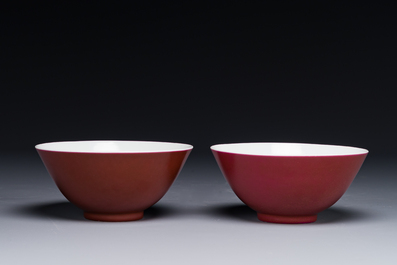 A pair of Chinese monochrome ruby-glazed bowls, Guangxu mark and of the period