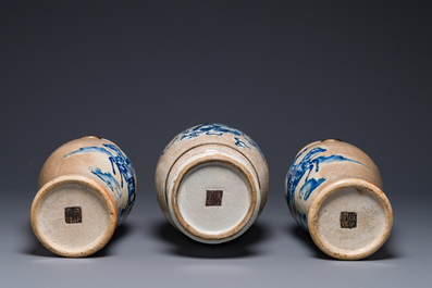 Three Chinese blue and white Nanking crackle-glazed vases, Chenghua mark, 19th C.