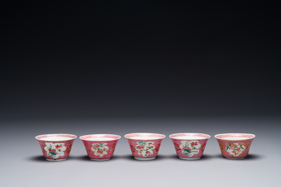 Five Chinese famille rose cups and saucers with figures, Yongzheng