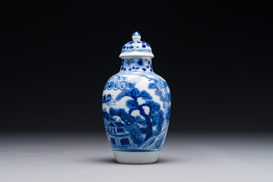 A Chinese blue and white covered vase with fishermen in a river landscape, jade mark, Kangxi