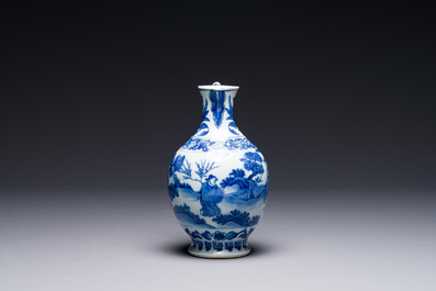 A Chinese blue and white ewer with figures in a landscape, Transitional period