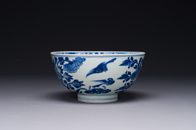 A Chinese blue and white 'birds among flowering branches' bowl, Shen De Tang Bo Gu Zhi 慎德堂博古製 mark, Kangxi