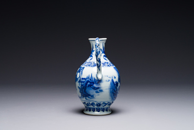 A Chinese blue and white ewer with figures in a landscape, Transitional period