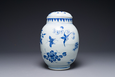 A Chinese blue and white jar and cover with birds and flowers, Transitional period