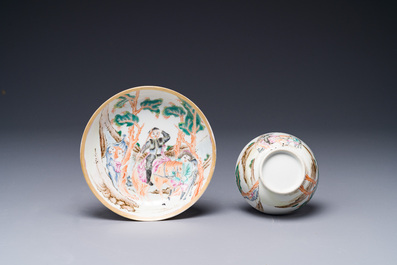 A Chinese famille rose 'Don Quixote' cup and saucer, 18/19th C.