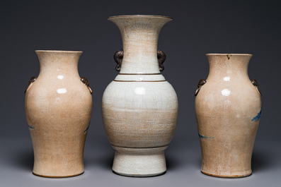 Three Chinese blue and white Nanking crackle-glazed vases, Chenghua mark, 19th C.