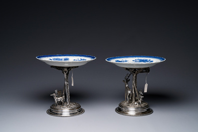 A pair of Chinese blue and white plates with silver-plated 'Alpaca Berndorf' mounts, Jiaqing