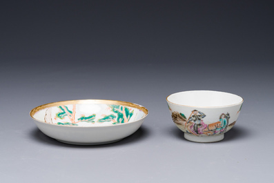 A Chinese famille rose 'Don Quixote' cup and saucer, 18/19th C.