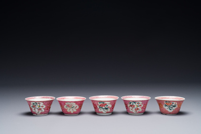 Five Chinese famille rose cups and saucers with figures, Yongzheng