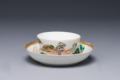 A Chinese famille rose 'Don Quixote' cup and saucer, 18/19th C.