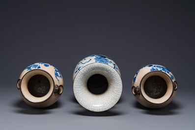 Three Chinese blue and white Nanking crackle-glazed vases, Chenghua mark, 19th C.