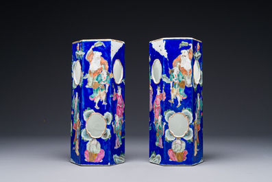 A pair of unusual Chinese blue-ground famille rose 'Eight Immortals' hat stands, Tongzhi mark and of the period.