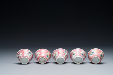 Five Chinese famille rose cups and saucers with figures, Yongzheng