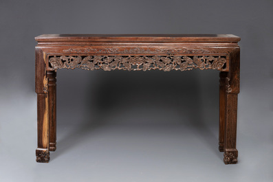 A large Chinese jichimu wooden 'tiaoan' with lingzhi and chilong design, 19/20th C.