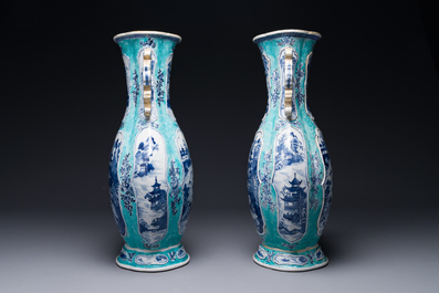 A pair of Chinese turquoise-ground blue and white vases depicting the Whampoa Pagoda and the Pearl River, Qianlong