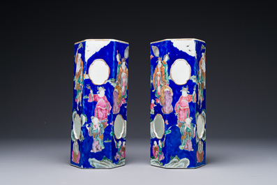 A pair of unusual Chinese blue-ground famille rose 'Eight Immortals' hat stands, Tongzhi mark and of the period.