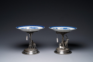 A pair of Chinese blue and white plates with silver-plated 'Alpaca Berndorf' mounts, Jiaqing