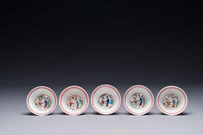 Five Chinese famille rose cups and saucers with figures, Yongzheng