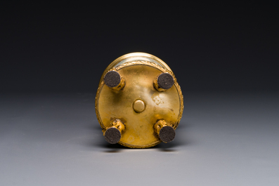 A Chinese famille rose 'Tao Yuanming 陶淵明' brush pot with gilt bronze mounts, Yongzheng