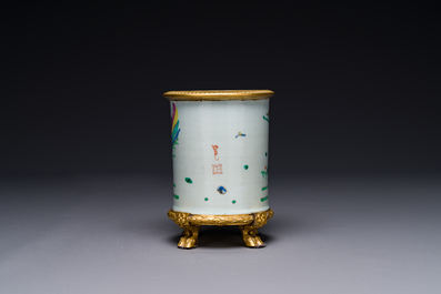 A Chinese famille rose 'Tao Yuanming 陶淵明' brush pot with gilt bronze mounts, Yongzheng