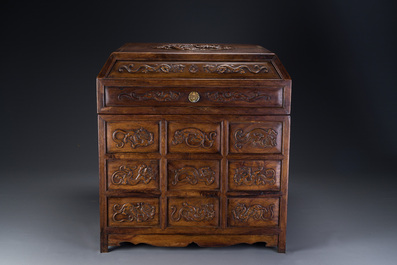 A rare Chinese huanghuali wood 'duo bao ge' cabinet of curiosities with chilong design, 18/19th C.