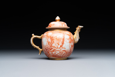 A rare Chinese iron-red-decorated and gilt 'European scene' teapot and cover, Qianlong