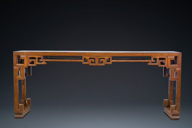 A large Chinese elm wood 'tiaoan' with geometric design, 19/20th C.