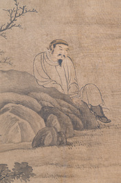 Chinese school: 'Man with two horses', ink and colour on silk, 18/19th C.
