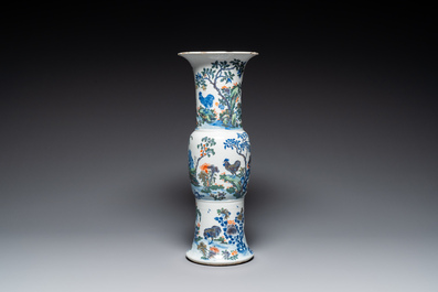 A Chinese doucai 'gu' vase with roosters, Qianlong mark, 19th C.