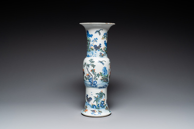 A Chinese doucai 'gu' vase with roosters, Qianlong mark, 19th C.