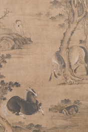 Ecole chinoise: 'Homme avec deux chevaux', encre et couleur sur soie, 18/19&egrave;me