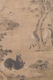 Chinese school: 'Man with two horses', ink and colour on silk, 18/19th C.